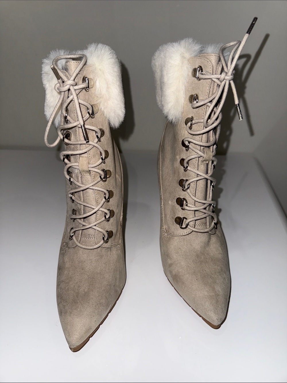 Faux-Fur Trim Lace-Up Pointed Toe Boot - Taupe